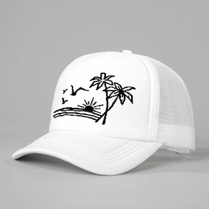 White trucker hat with tropical sunset embroidery featuring palm trees and sea birds