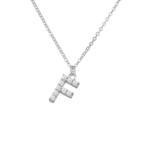 Detail of silver letter F pendant with small pearls and delicate cable chain necklace