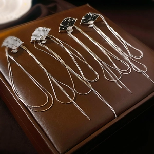 Fan Shaped Long Tassel Drop Earrings Alloy Enamel With Silver Earring Post Vintage Chinese Style For Women