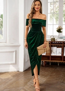 Elegant emerald green velvet off-shoulder midi dress featuring side slit and pleated details