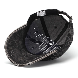 Vintage black denim baseball cap with embroidery, 100% cotton washed style for sun protection