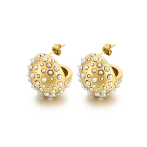 Elegant gold half-sphere earrings with white pearls in high-quality stainless steel