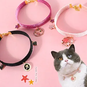 Velvet pet collar with gold stars and alloy pendants for cats or small dogs