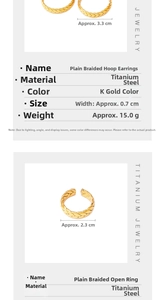 Detailed specs for gold titanium steel braided hoop earrings and open twist ring set
