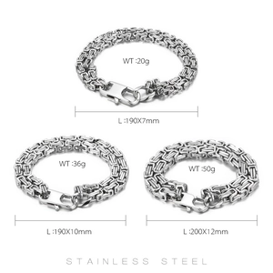 Three sizes of silver Byzantine stainless steel chain bracelets for men in top view