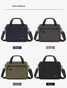 Detailed view of large capacity business messenger bags in blue, grey, green, and black