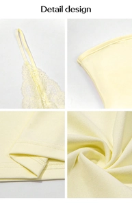 Detail view of the lace trim, yellow fabric texture, and fine stitching on the Y2K camisole