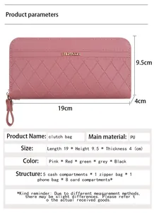 Detailed size guide for women's PU leather quilted long wallet with multi-slot layout