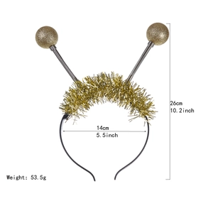 Golden alien antenna headband with glitter balls and dimensions 26cm by 14cm details