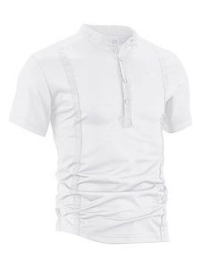 Close-up of white short-sleeve Henley polo shirt with textured cotton twill fabric