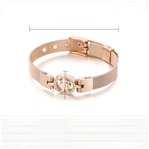 Detailed view of rose gold mesh bracelet dimensions showing 205mm length and 10mm width