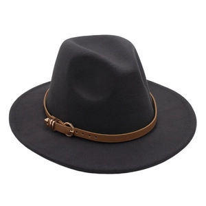 Detail of dark grey wool fedora hat with a thin brown leather belt and gold buckle