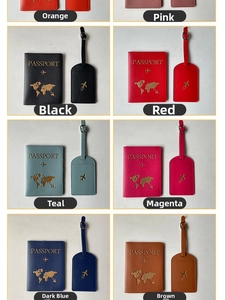 Collage of colorful PU leather passport holders and luggage tags in multiple vibrant shades