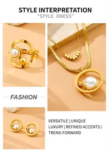 Detailed close-up of a luxury gold-plated jewelry set with elegant pearls and layered necklace