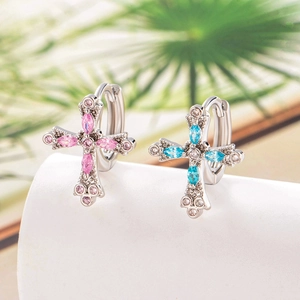 Cross Huggie Hoop Earrings Copper Marquise Pink Blue Zircon Dangle Sweet Girl Jewelry