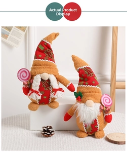 Detail of Christmas gnomes with gingerbread patterns and candy cane props in a cozy setting