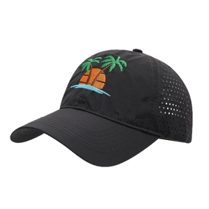 Quick-dry black baseball cap with palm tree embroidery and laser-cut ventilation holes