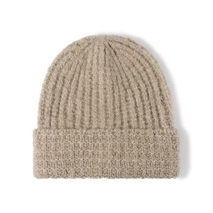 Minimalist beige knitted beanie with thick vertical ribbing and wide folded cuff for winter