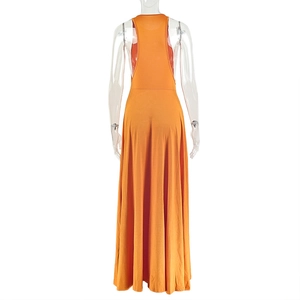 Back view of orange sleeveless maxi dress featuring a cinched waist and pleated detail