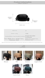 Size chart showing 22x14x10cm dimensions and multi-layer zippers for PU shoulder bag