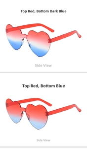 Side view of heart-shaped rimless sunglasses featuring red and blue gradient lenses