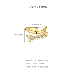 Detail of gold 925 sterling silver ear cuff showing dimensions and AAAAA zircon stones
