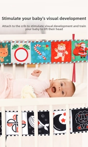 Double-sided baby sensory book with high-contrast black white patterns and colorful motifs
