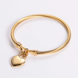 Women 18K Gold Plated Stainless Steel Heart Charm Cable Wire Bangle Bracelet Elegant Fashion Spiral Twist Jewelry Gift