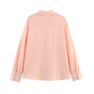 Back view of a loose pink striped long-sleeve shirt for women with turn-down collar