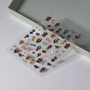 5D embossed dark cartoon nail art stickers with devils, ghosts and gothic horror patterns