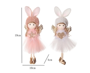 Detail showing dimensions of plush angel ornaments in pink and white with gold sequins
