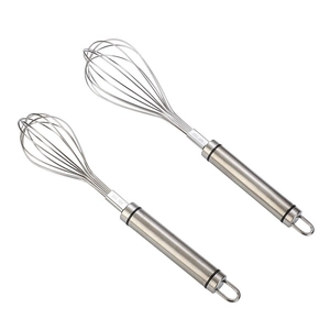 Set of two thickened 304 stainless steel manual egg whisks on a white background