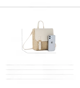 Detail showing the 18x18x8cm dimensions and straw texture of this lightweight lady backpack