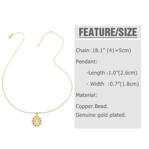 Detail of gold-plated copper necklace with religious pendant and white beads border