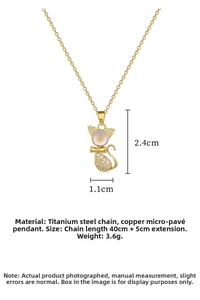 Close-up of cat-shaped pendant with blue zircon and titanium steel chain dimensions