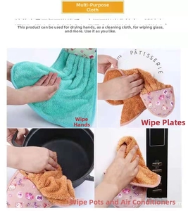 Microfiber coral fleece hanging hand towel showing versatile use for kitchen and home cleaning