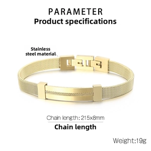 Detailed view of golden stainless steel mesh bracelet with 215x8mm size specifications