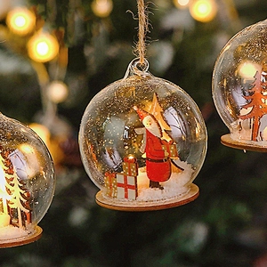 LED Christmas Glowing Glass Ball Hanging Ornament With Wooden Base Santa Reindeer Tree Festive Home Window Decoration