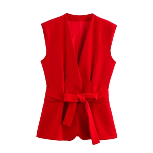 Women's V-neck sleeveless red waistcoat with adjustable bow belt and smooth fabric