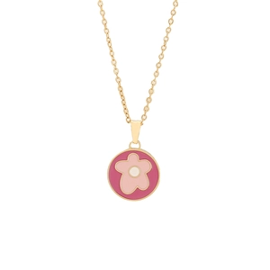Pink heart floral pendant necklace in gold stainless steel finish on a white background