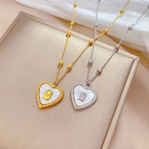 Heart Pendant Necklace Titanium Steel Mother Of Artificial Pearl Letter V Beaded Chain Minimalist Jewelry Gift For Women
