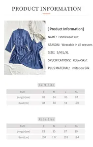 Size chart for women silk satin robe and nightgown set with detailed measurements