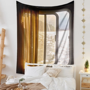 Detail showing high-quality sunset window lake view printed on soft bedroom wall tapestry