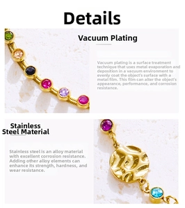 Detail of vacuum-plated gold stainless steel bracelet with multi-color zircon stones