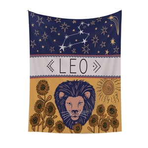 Detail of Leo zodiac tapestry featuring golden stars and a colorful lion illustration