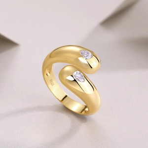 Adjustable S925 sterling silver gold ring featuring two sparkling pear-cut moissanite stones
