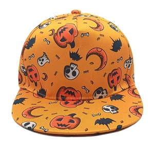 Halloween flat brim hip-hop hat featuring pumpkin and ghost prints in vibrant orange color
