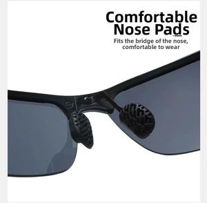 Macro shot of non-slip textured nose pads on black polarized sunglasses for comfort