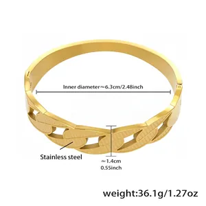 Detail showing gold stainless steel bangle with laser-engraved frosted texture and dimensions