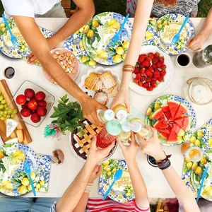 Lemon themed birthday party supplies with paper plates and tile pattern tableware set